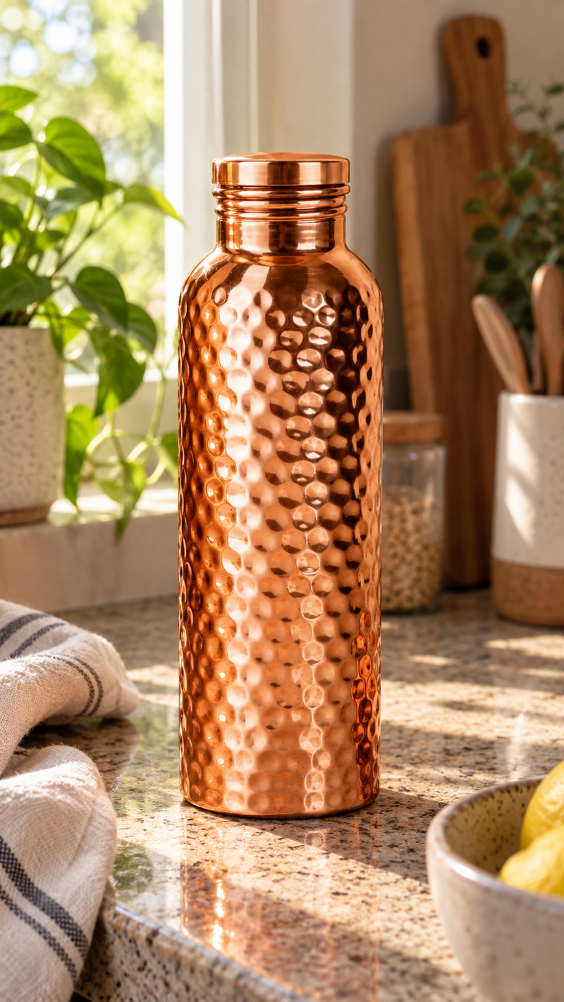 AI-generated copper bottle lifestyle scene beside a golden retriever