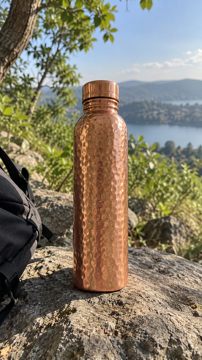 AI-generated copper bottle lifestyle scene overlooking a lake