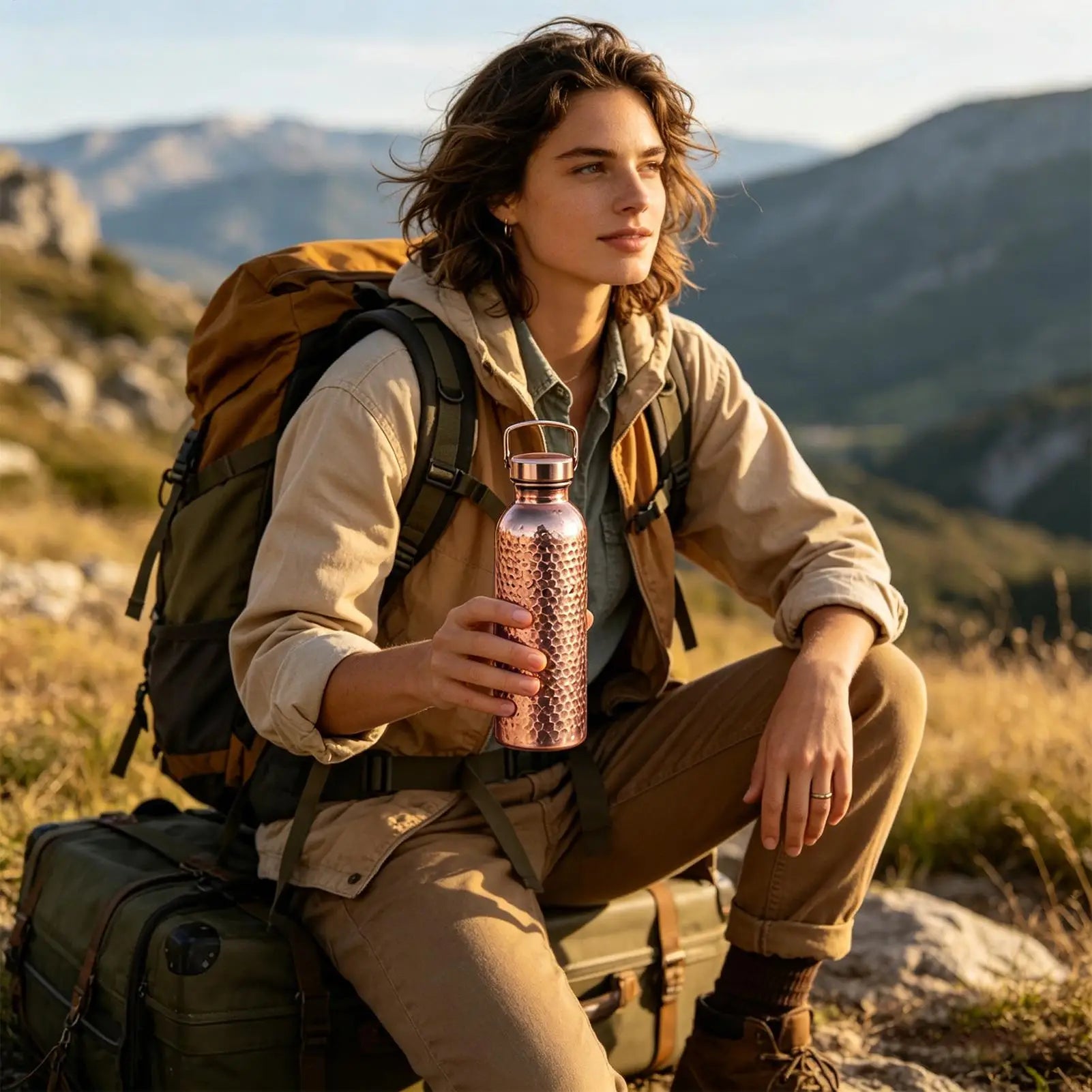 Pure Copper Water Bottle 800ml Portable Stainless Steel Insulated Drinkware Copper Bottle for Drinking Water for Camping Hiking