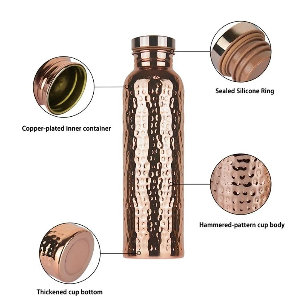 800ML Copper Water Bottle Anti-Slip Silicone Base One-Click Open Lid Hammer Pattern Bottle Thermal Insulation