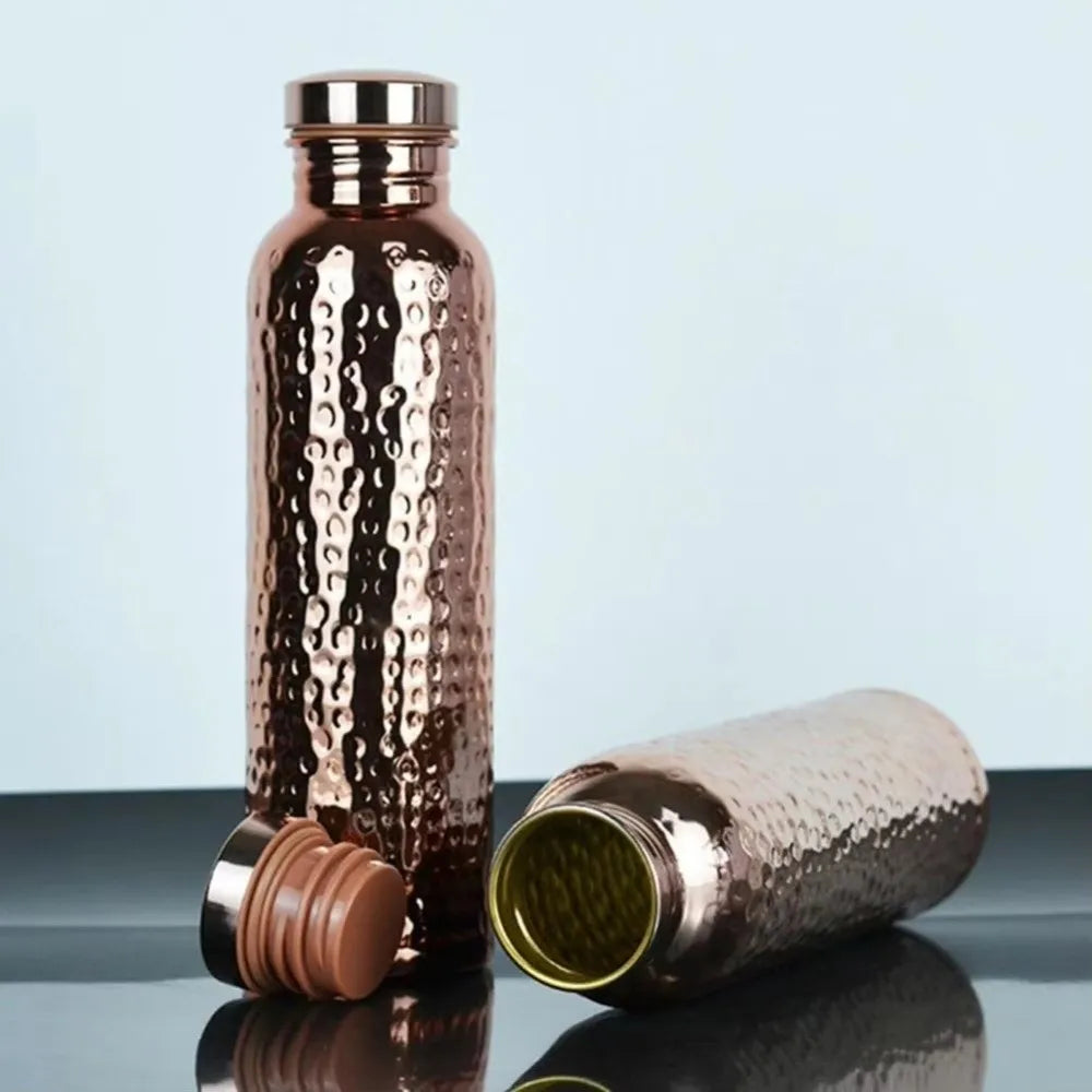800ML Copper Water Bottle Anti-Slip Silicone Base One-Click Open Lid Hammer Pattern Bottle Thermal Insulation