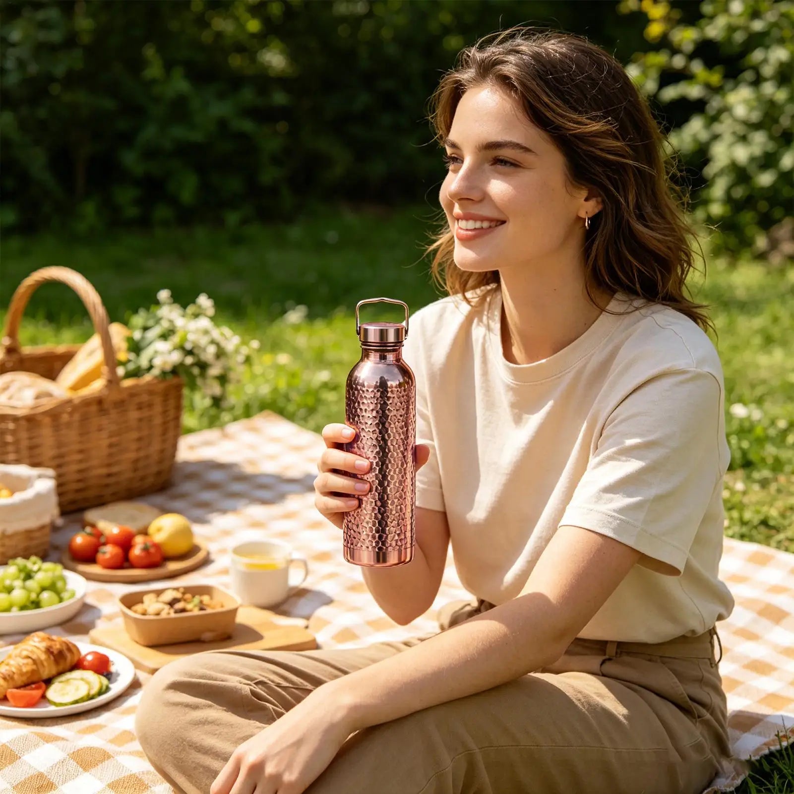 Copper-plated Water Bottle 800ml Stainless Steel Embossed L Handle Portable Insulated Drinkware Metal Bottle for Camping Hiking