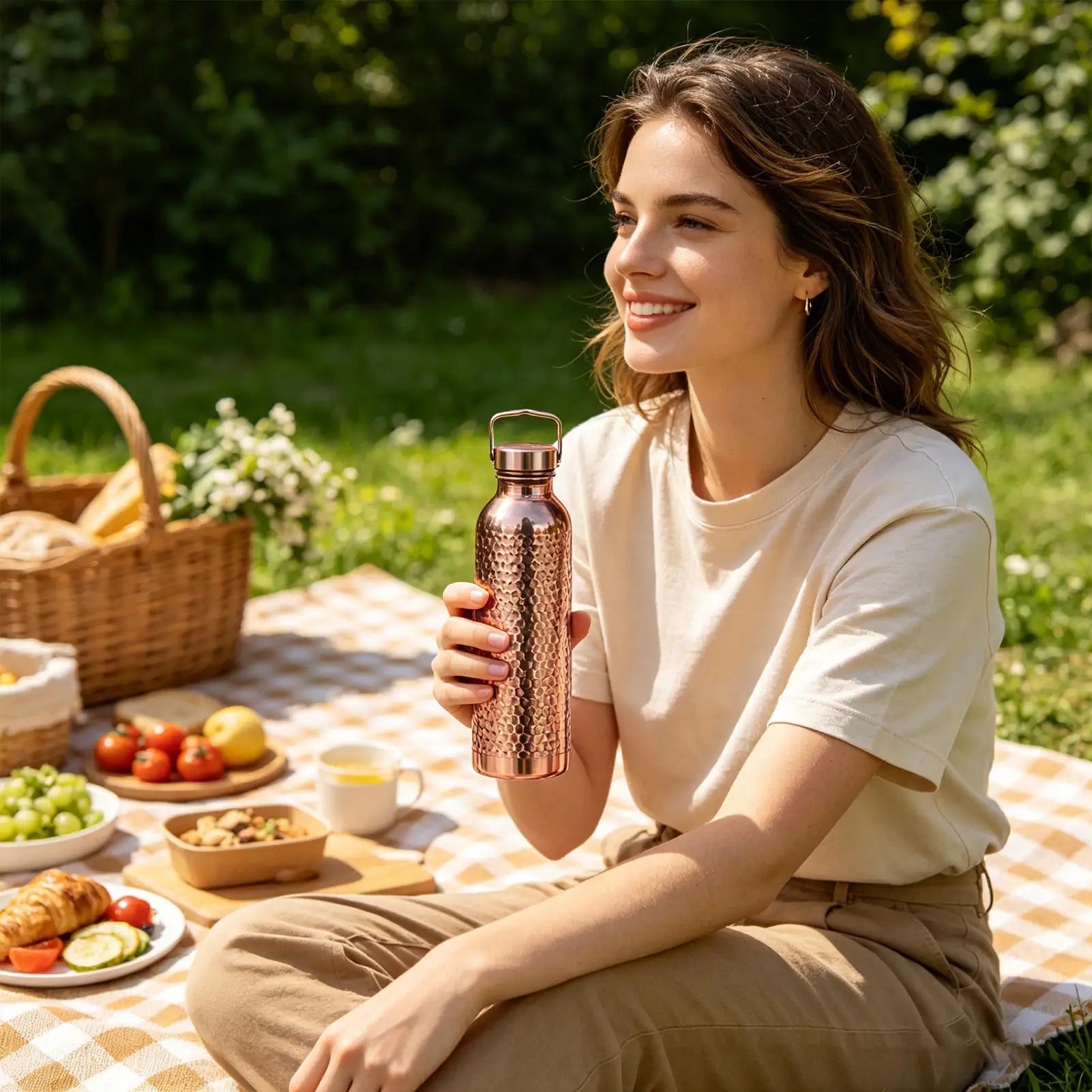 Pure Copper Water Bottle 800ml Portable Stainless Steel Insulated Drinkware Copper Bottle for Drinking Water for Camping Hiking