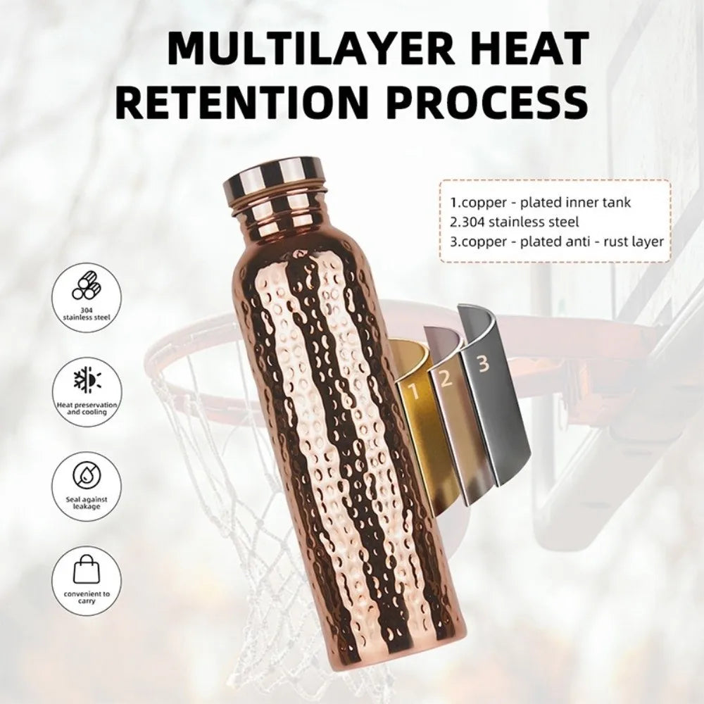 800ML Copper Water Bottle Anti-Slip Silicone Base One-Click Open Lid Hammer Pattern Bottle Thermal Insulation