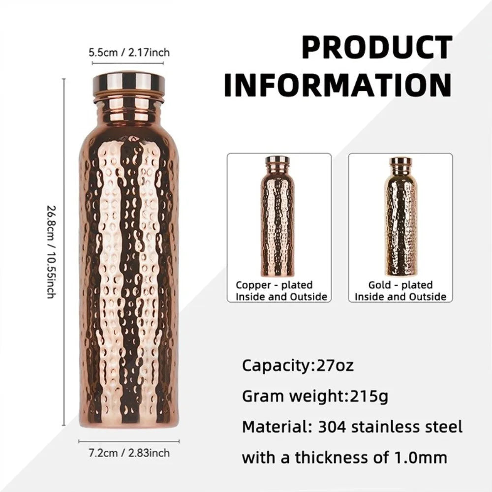800ML Copper Water Bottle Anti-Slip Silicone Base One-Click Open Lid Hammer Pattern Bottle Thermal Insulation