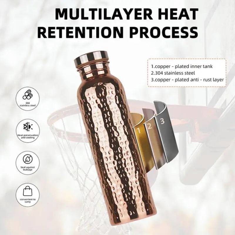 800ML Electroplated Copper Water Bottle One-Click Open Lid Anti-Slip Hammer Pattern Bottle Sports Water Bottle▪