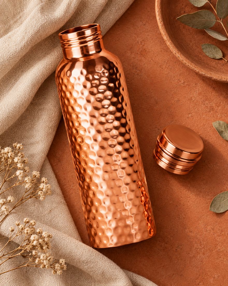 Copper bottle and cap photographed from above