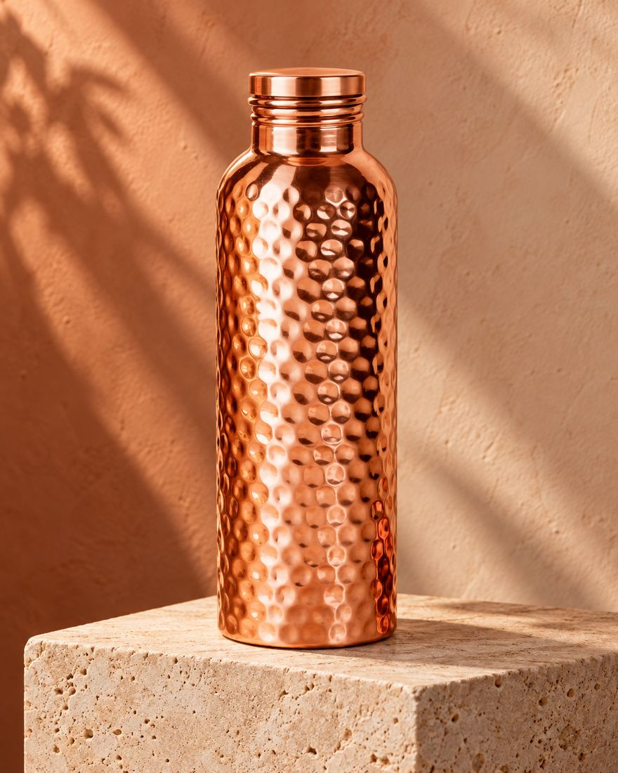 Hand-hammered copper water bottle on a stone plinth