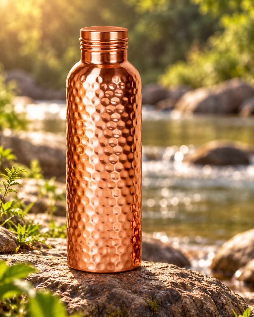 Copper bottle on a rock beside a river